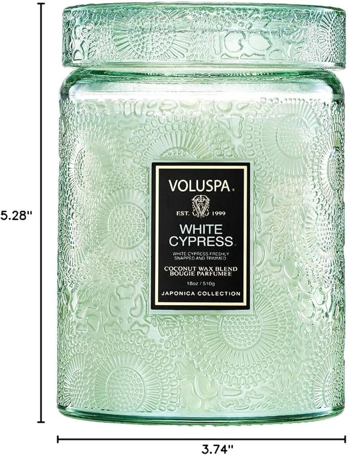 Voluspa White Cypress,Large Candle Jar,18 Ounce,100 Hour Burn Time, & Coconut Wax for Clean Burning,Handcrafted in The USA