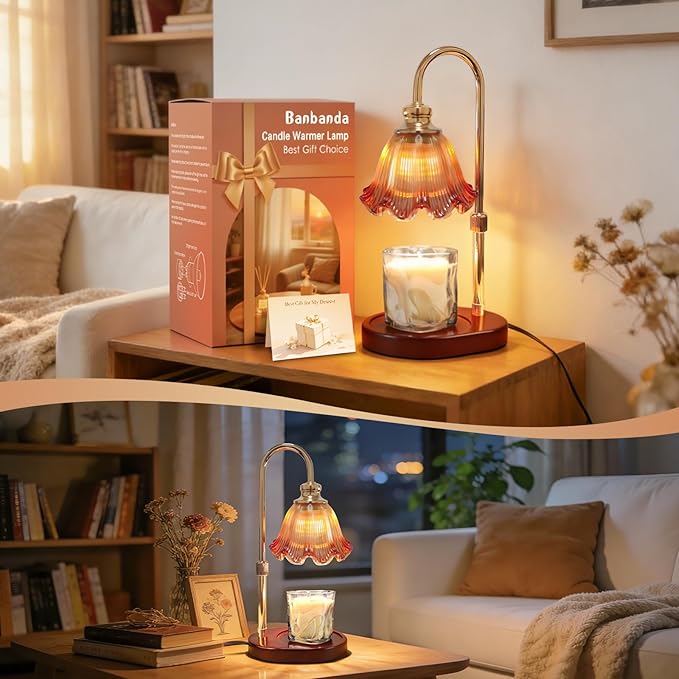 Candle Warmer Lamp with Timer: Birthday Gifts for Women, House Warming Gifts New Home Decor – Height Adjustable Candle Lamp for Mom, Anniversary - Walnut Solid Wood Base, with 2 Bulbs