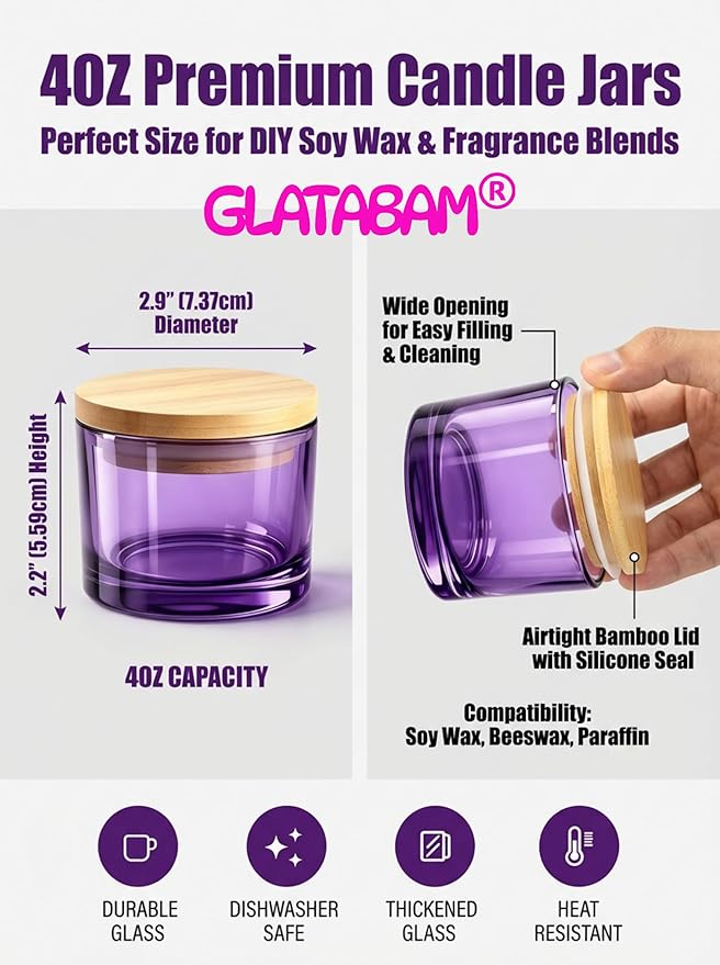 GLATABAM 4 OZ Candle Jars 12 Pack - Bulk Glass Candle Making Jars with Bamboo Lids & Labels, Heat Resistant Empty Reusable Candle Vessel for Containers(Purple)