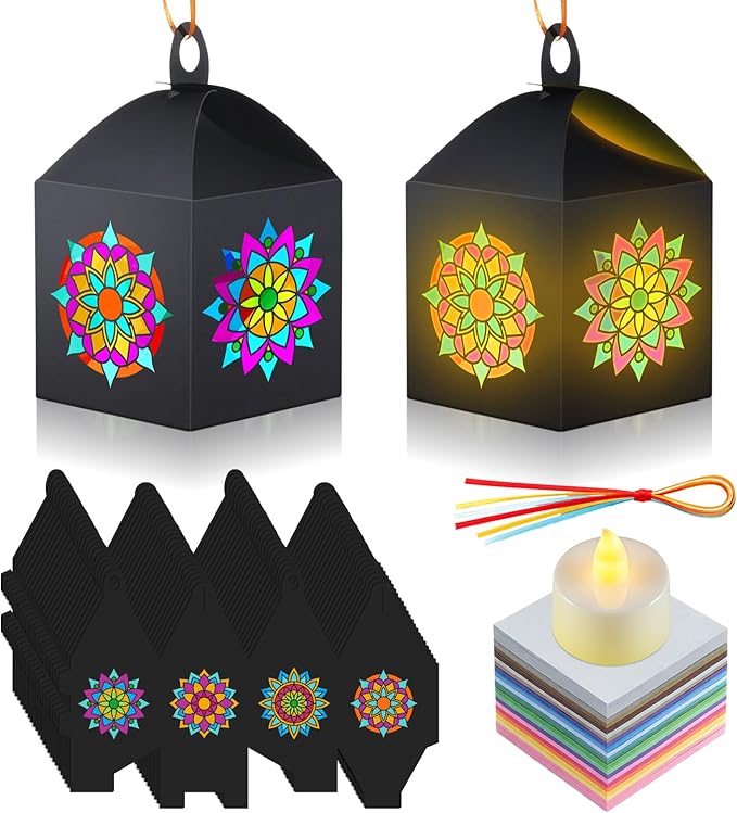 Simgoing 24 Sets Mandala Crafts with LED Candle Light Mandala Flower Tissue Paper Crafts Kits DIY Your Own Suncatchers Lanterns Hanging for Home Birthday Party Decoration Gifts Art Activities