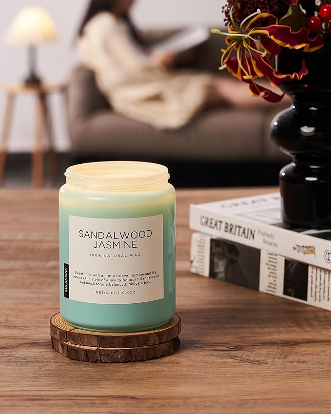 M&SENSE Sandalwood Jasmine Scented Candles for Home, 19.4oz All Natural Soy Wax, 110 Hours Long Lasting, Soy Candles Non Toxic, Spring Floral Smelling for Her, Aromatherapy Housewarming Gift for Spa