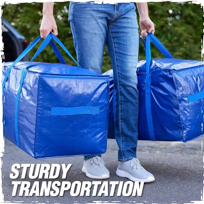 RUGGED RHINO Heavy Duty Extra Large Blue Moving Bags, Durable Bag with Strong Handles and Zipper, Moving Boxes Alternative for College Packing, Holiday Décor, Space Saving Storage with Label, 2 Pack