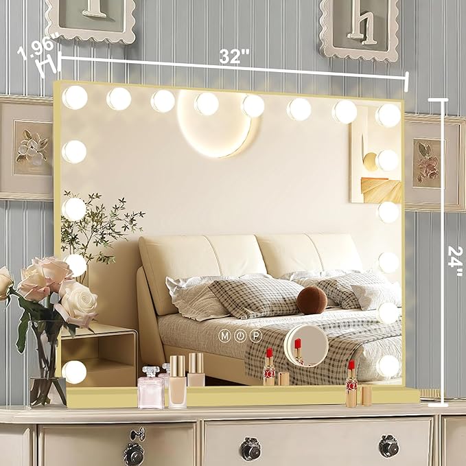 Ratsamee Gold Hollywood Vanity Mirror with Lights, 18 Dimmable Bulbs, 3 Color Lights,Make Up Lighted Mirror, Aluminum Metal Frame, USB Charging Port（32" x 24"）