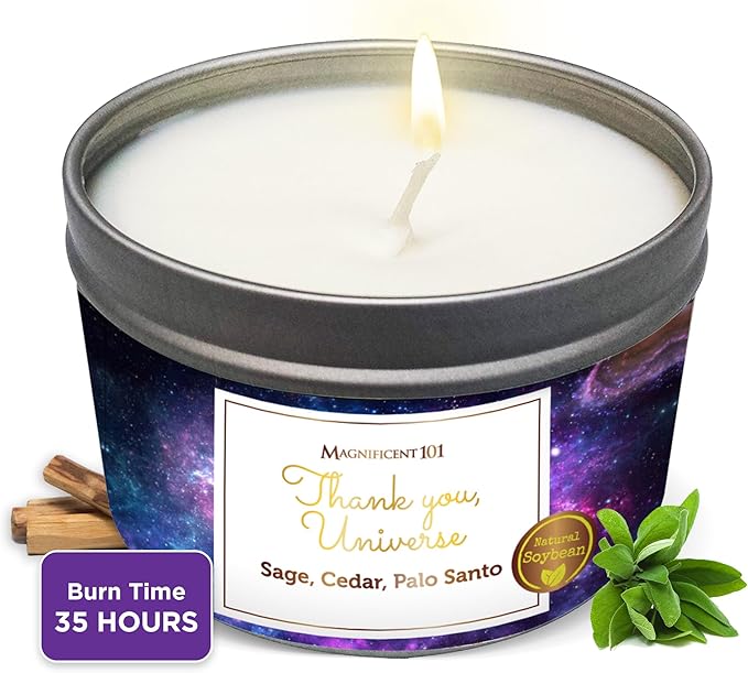 MAGNIFICENT 101 Affirmation - Thank You Universe Aromatherapy Smudge Candle - 6 oz - 35-Hour Burn - Soy Wax, Sage, Cedar, Palo Santo Oils - for Energy Cleansing & Manifestation