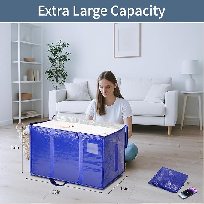 8 Pack-Extra Large Heavy Duty Moving Bags - Waterproof Storage Totes with Handles & Zippers, Foldable for College Dorm, Storage (Blue)
