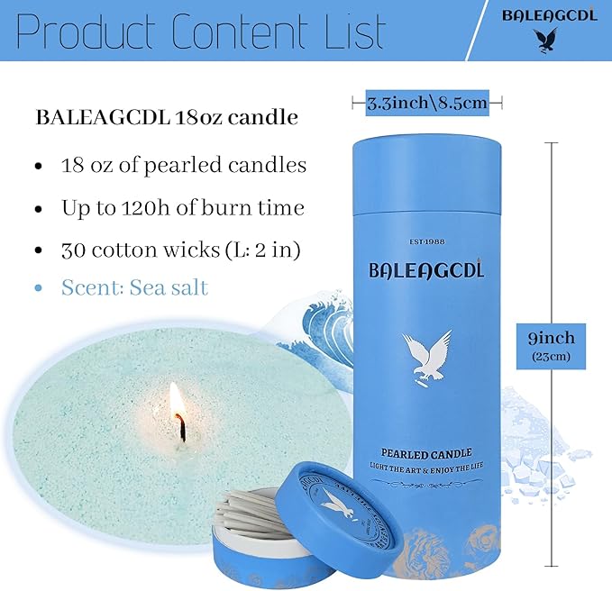 Saltwind Still Pearled Candle – 18 Oz Sea Salt Scented Sand Candles with 30 Wicks | Refillable Light Blue Wax Long-Lasting Powder 120 Hours Clean Burning for DIY