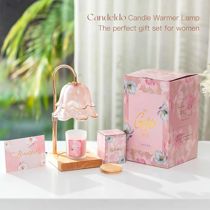 Candeldo Mom Birthday Gifts for Women: Candle Warmer Lamp with Scented Candles Dimmable Pink Flower Wax Warmer with Timer Mothers Day Housewarming Gift