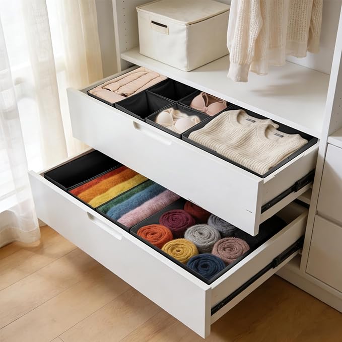 Drawer Organizer Clothes, 16 Pack Dresser Organizer Bins, Foldable Closet Organizers and Storage Fabric Dresser Bins, Shallow Drawer Dividers for Clothing, Underwears, Socks, Tie