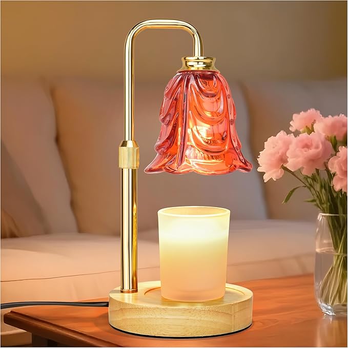 XJZJY Candle Warmer Lamp with Timer Dimmer, Adjustable Height Green Tulip Candle Wax Warmer, Christmas Birthday Gift for Mom Women, House Warming Gifts for New Home Bedroom Decor (Flower Crimson)