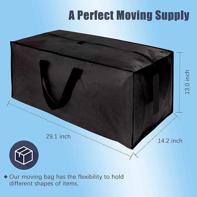 HOMESURE 4 Pack Large Strong Moving Bags with Zippers & Carrying Handles - Water-Resistant - Heavy Duty Storage Tote for Space Saving Moving Storage, Fold Flat, Alternative to Moving Box (Black)