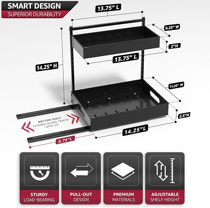 Sorbus Under Sink Organizer with Sliding Tracks – Pull Out Cabinet Organizer with Drawer & Installation Rails – Under Cabinet Bathroom Storage Organizer for Kitchen, Pantry, or Vanity –Black 1 Pack