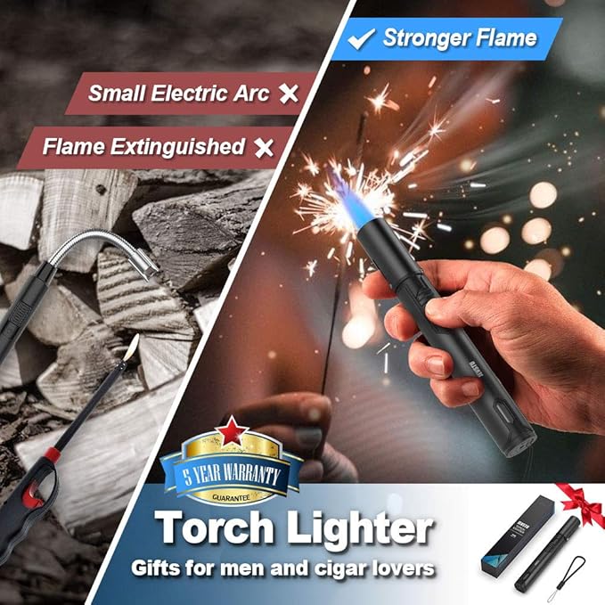 Torch Lighter with Fuel Level Window for Candle, Adjustable Fire Jet Torch Windproof Lighter Long for Grill Cooking Survival, Mini Men Gifts, Black