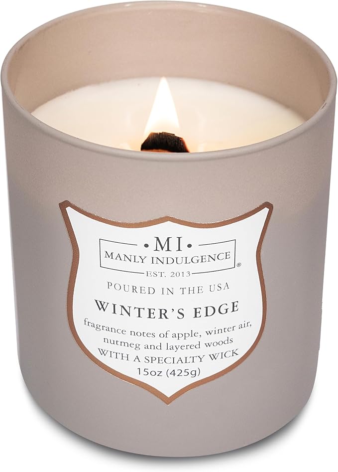 Manly Indulgence Winters Edge Scented Candles for Men, 15 oz Wooden Wick, Premium Soy Blend Wax, 60H Burn, Candles for Home Scented - Made in The USA