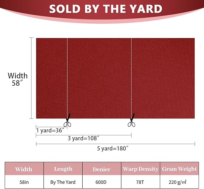 Waterproof Canvas Fabric by The Yard 58inch 600D Upholstery Material Polyester Fabric Outdoor Water Resistant Fabric for Sewing Chair Patio Cushion Purse Bag Interior, 8 Yard Red