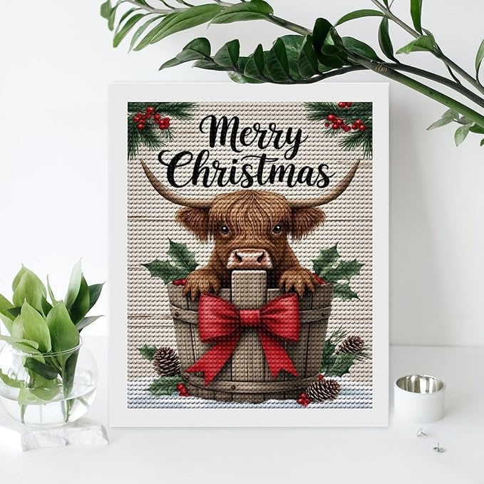 AIVKIEJK Diamond Painting Kits for Adults - Highland Cow Merry Christmas Painting DIY 5D Full Drill Diamond Dots Paintings with Diamonds Gem Art and Crafts Home Decor 16"x20"