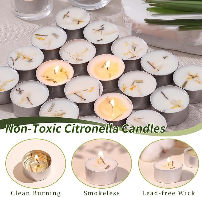 16 Pcs 6H Citronella Tealight Candles Indoor Outdoor, Decorative Scented Tealight Candles with 100% Palm Wax Base & Dried Lemongrass, Smokelss for Patio, Home, Outside Use