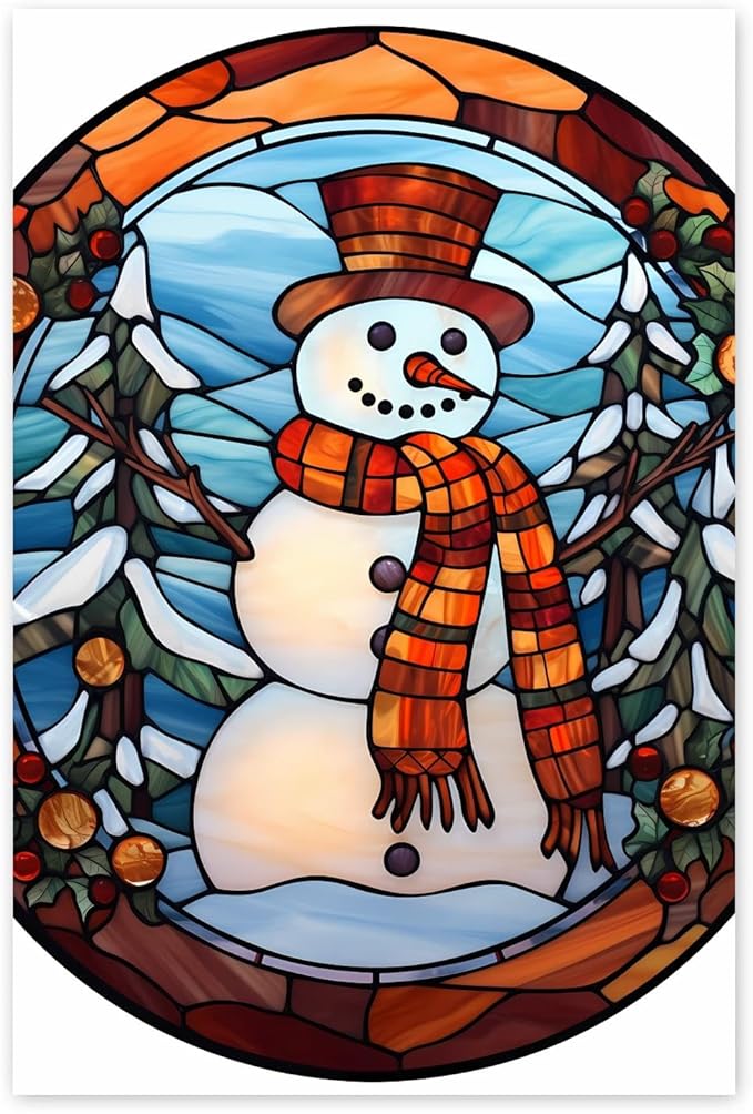 GUAIEUW Winter Stained Glass Snowman Diamond Painting Kits 5D Full Round Diamond Painting Art, Season Theme Canvas HD Picture DIY Diamond Dot Painting, Home Wall Decor Gift 12x18 Inch