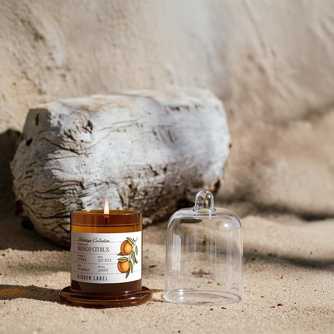 Hidden Label Mango Citrus Scented Candle - 10oz Non Toxic Candles for Home Scented with Clear Bell Jar, Natural Soy Wax Clean Burning Aromatherapy Candle for Spa/Yoga/Meditation & Stress Relief Gifts