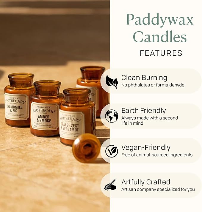 Paddywax Artisan Apothecary Scented Candle with Lid in Reusable Glass Jar, Clean-Burn Soy Candle with Approx. 54 Hour Burn Time, Black Fig & Olive, 8 oz