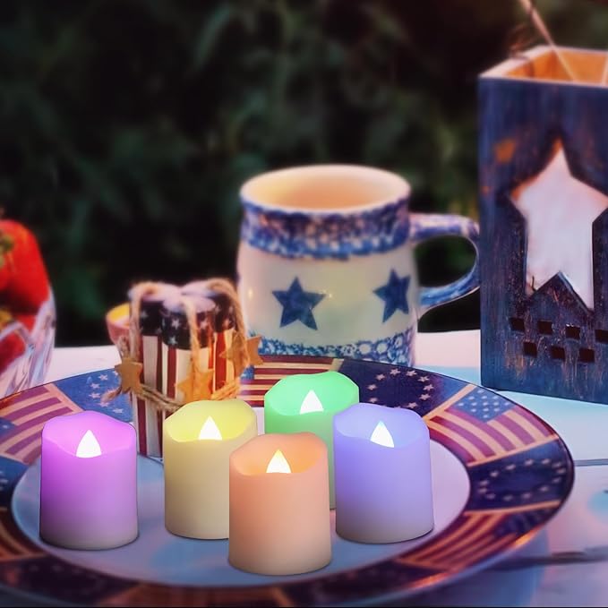 12pcs Rechargeable Flameless Tea Lights RGB with Charging Base and Remote Timer, Color Changing Flickering Electric LED Votive Fake Candles, USB Cable Included
