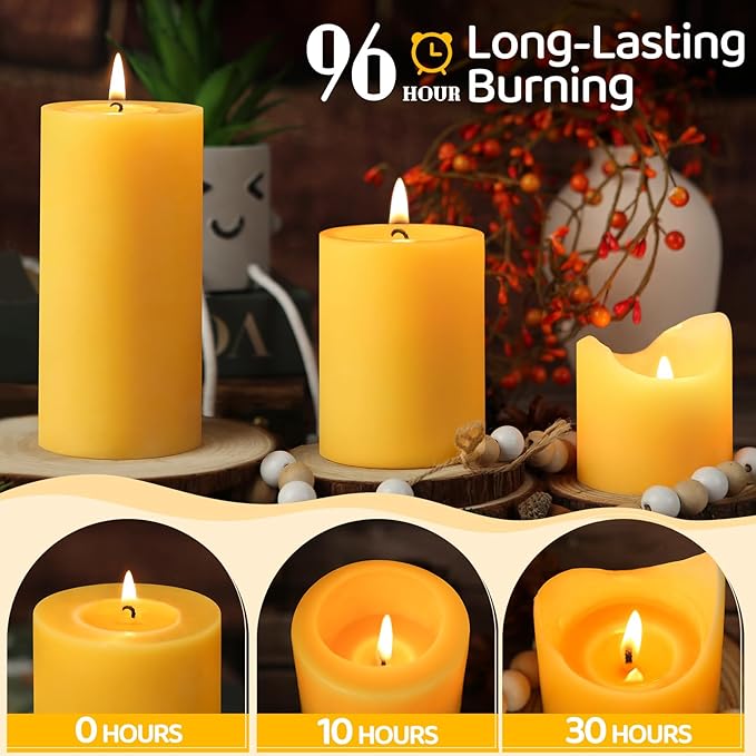 3 Pack Natural Beeswax Pillar Candles,100% Pure Beeswax Candles-285 Hours Long Burning,2.8x6in Unscented Bees Wax Candle for Home,Prayer,Emergency,Dripless Smokeless Organic Pillar Candle Bluk
