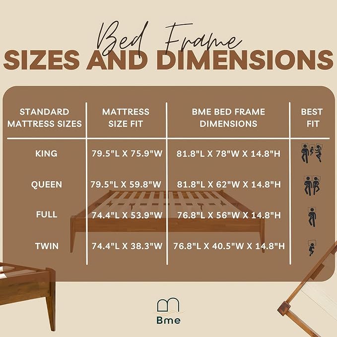 Bme Dinkee Wooden Queen Bed Frame, 15 Inch Height, Elegant Minimalist Modern Design with Japanese Joinery, Durable Wood Slats for Reliable Support, No Box Spring Required, Caramel