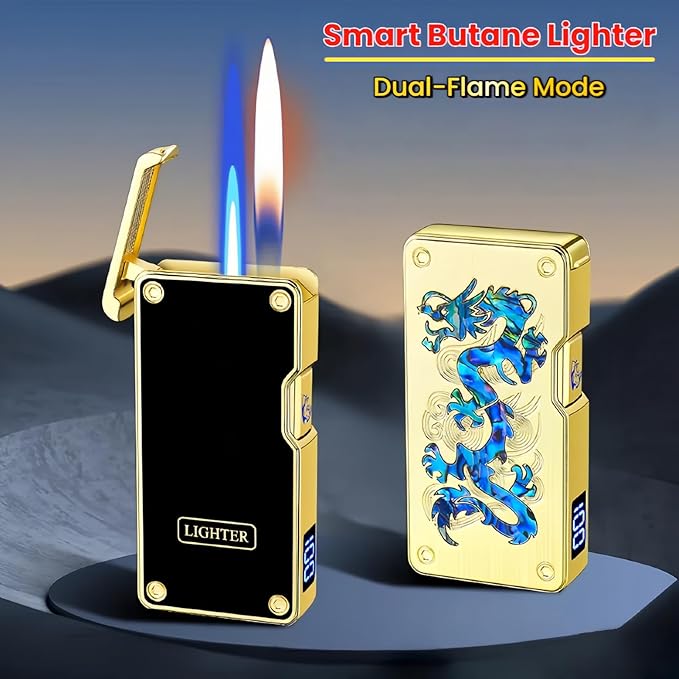 Smart Butane Lighter with 5 Ignition Methods, Voice-Activated Dual Flame Lighter with Windproof Blue Torch and Soft Flame Options, Rechargeable and Refillable Lighters (Without Fuel) (Black)