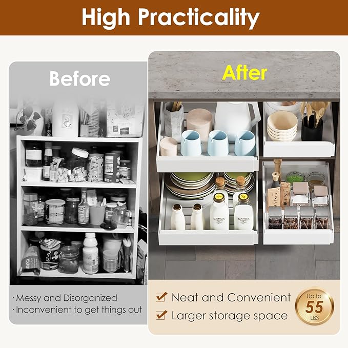 1 Pack Expandable Pull Out Cabinet Organizer 21" Deep, Adjustable Width 12.6"-20.5", No Drill Adhesive with Triple Track Rails, Heavy Duty Slide Out Drawers for Kitchen, Pantry, Cabinets,White