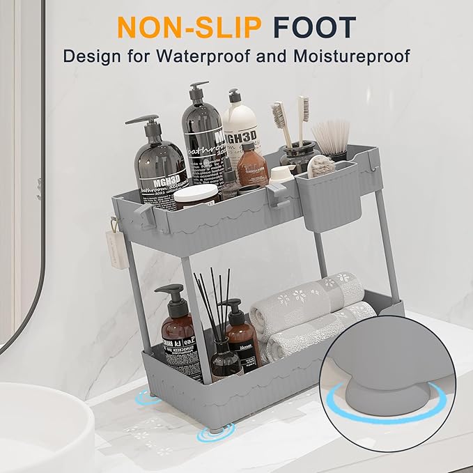 2 Pack Under Sink Organizer, Under Bathroom Cabinet Organizer with Hooks Hanging Cup, Multi-Purpose Storage Shelf for Kitchen Bathroom (Gray, 12.8 Inch)