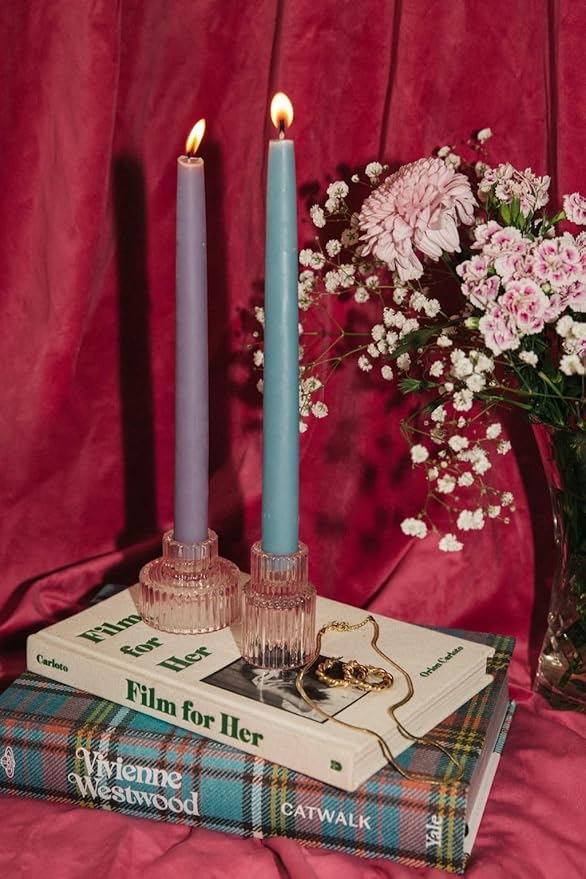 Bluecorn Beeswax Taper Candles, 100% Pure Natural Bees Wax, Pair of 8 Inch Lilac Tapered Candlesticks, Clean Burning & Dripless, Fragrance Free, Long Lasting, Home Decor, American Made, 1 Count