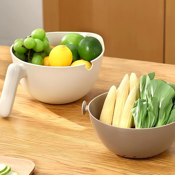 2-1 Colander for Kitchen-Rotatable Strainers for Kitchen-strainer bowl-Pasta Strainer-fruit strainer-Veggie Wash-kitchen stuff (Greyish White)