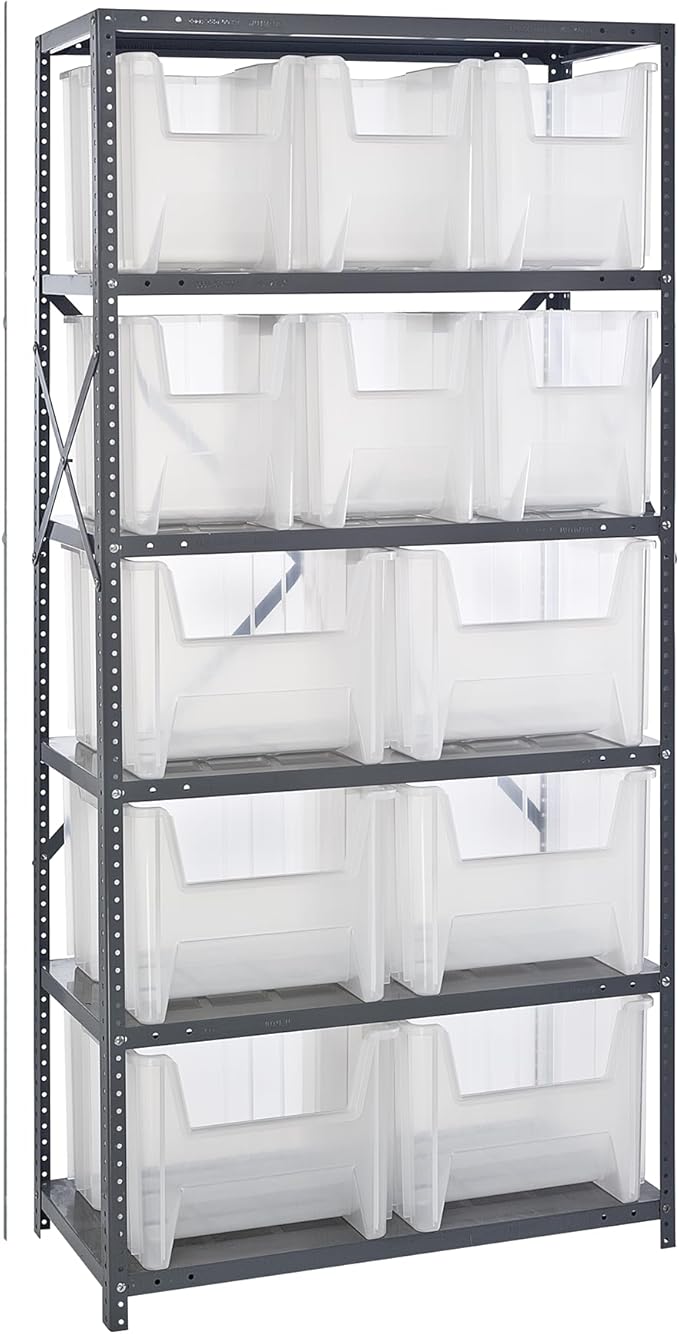 Quantum Storage Systems QSBU-600800CL Clear-View Giant Stack 6-Shelf Steel Shelving Unit, 18" x 36" x 75" with 6 QGH600CL Bins, Clear