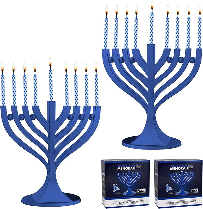 Zion Judaica Mini Blue Menorah with 44 Birthday Candles Small Travel Minorah with Chanukah Candles On-The-Go Hanukkiah Menora Compact Hanukkah Candle Holder Menorahs Hanukkah Gift Multi Menorot 2 Pack