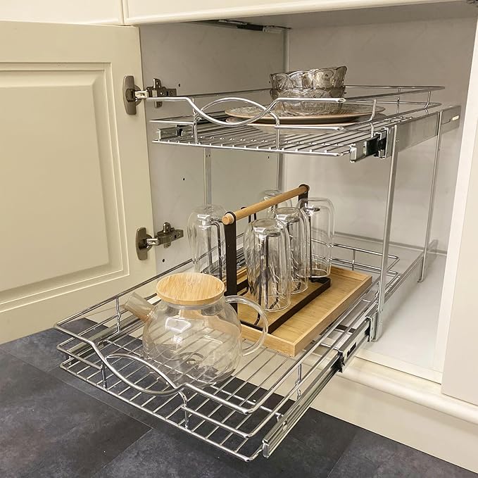Sikarou Pull Out Cabinet Organizer 11" W x 21" D 2-Tier Individual Slide Out Drawer Pantry Shelf Storage for Kitchen Base Cabinet Organization for Kitchen, Bathroom, Pantry, Chrome