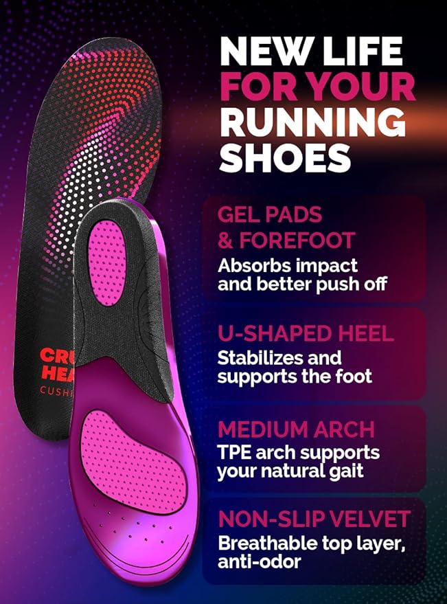 CRUVHEAL Running Insoles Men Women - Athletic Shock Absorbing Gel Insoles - Runner’s Knee - Reduce Muscle Soreness - Plantar Fasciitis - for Sport Shoes (XS)