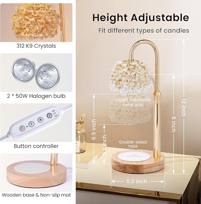 LOFTEK Candle Warmer Lamp with Timer - Dimmable - Adjustable Height- Electric Wax Melt Warmer Lamp with 2 Bulbs for Scente, Jar Candles, Elegant Home Room Decor, Warming Gift for Women, Crystal Gold