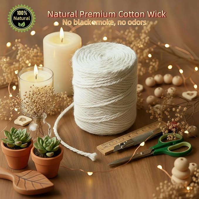 【262 Feet】 Candle Wick with 125 Pcs Metal Candle Wick Sustainer Tabs, 80Pcs Candle Wick Stickers and 5Pcs Wooden Candle Wick Centering Device, 80m Natural Cotton Candle Wicks for Candle Making Kit