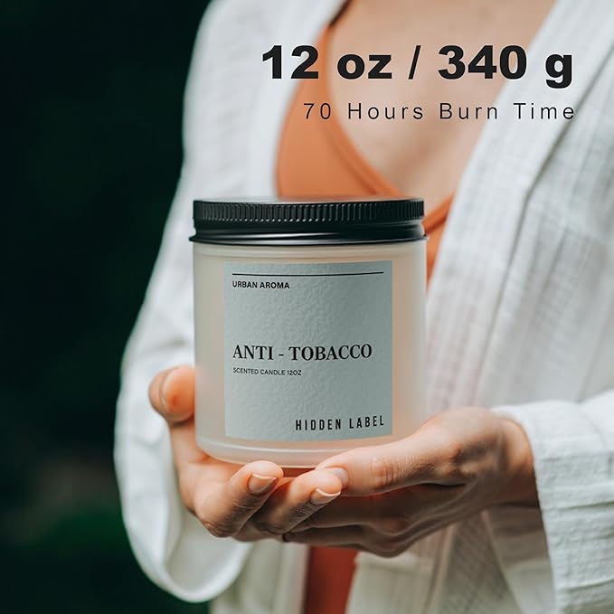 Hidden Label Anti Tobacco Scented Candle, 12oz Natural Soy Candle for Men, 70-Hour Clean Burning, Smoke Neutralizing & Air Purifying, Bachelor Pad Decor & Man Cave Essential, Gift for Him