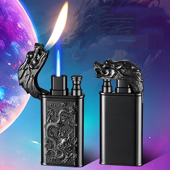 Torch Lighter, Relief Dragon Design Magic Dual Flame Lighter with Adjusting Flame Tool, Creative Windproof Lighters, Cool Jet Flames Refillable Butane Lighters for Outdoor Indoor-Silver Dragon