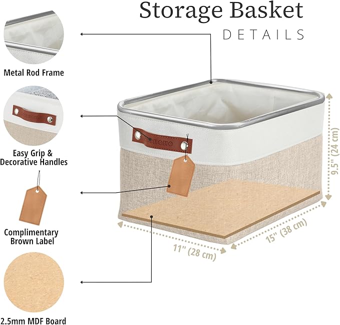 DECOMOMO Storage Baskets for Shelves - Fabric Storage Bins, Linen Closet Organizers and Storage (Beige & White, Large - 1 Pack)