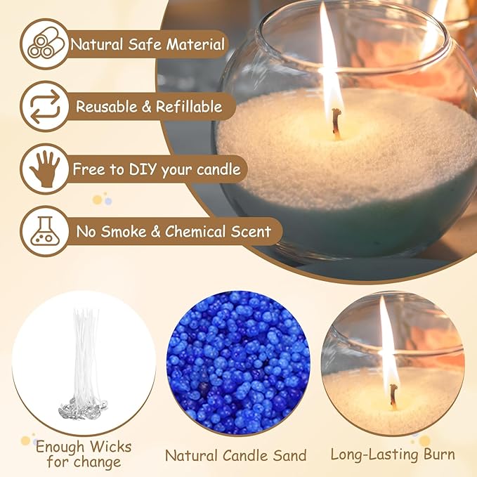 MECCANIXITY Pearled Sand Candles with 50 Pcs Wicks 21Oz / 600g Candle Beads Refillable Powder Sand Wax Making Kit for Thanksgiving Christmas Wedding Party DIY Home Crafts, Bright Blue