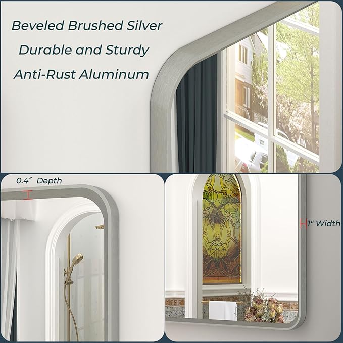 OKPAL 44 x 36 Brushed Nickel Bathroom Mirror for Wall, Rounded Rectangle Silver Framed Bathroom Vanity Mirror, Beveled Silver Vanity Mirror, Anti-Rust, HD Shatterproof Glass