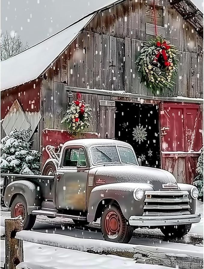 Skyboda Christmas Diamond Art Kits for Adults Beginners, Christmas Farmhouse Truck Diamond Painting Kits for Adults,5D Full Drill DIY Diamond Dot Gem Art Kit Wall Home Decor Arts Craft 12x16 inch