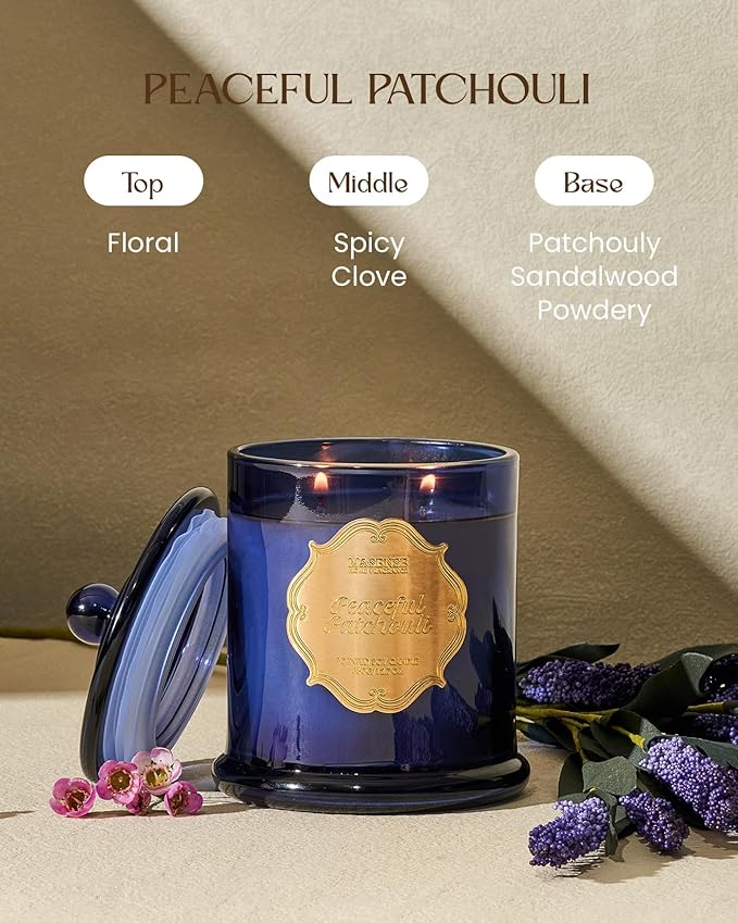 M&SENSE Peaceful Patchouli Soy Candles for Home Scented, Organic Non Toxic 2 Wick 12.7oz 75 Hour Long Lasting, Winter Candle for Spa Meditation Relaxation, Housewarming New Year Gifts