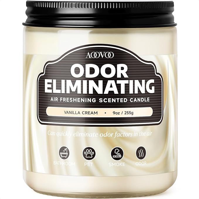AOOVOO Vanilla Cream Odor Eliminating Highly Fragranced Candle - Eliminates 95% of Pet, Smoke, Food, and Other Smells Quickly, Non Toxic Air Freshing Soy Candle, 9 oz Up to 50 Hours Burn time