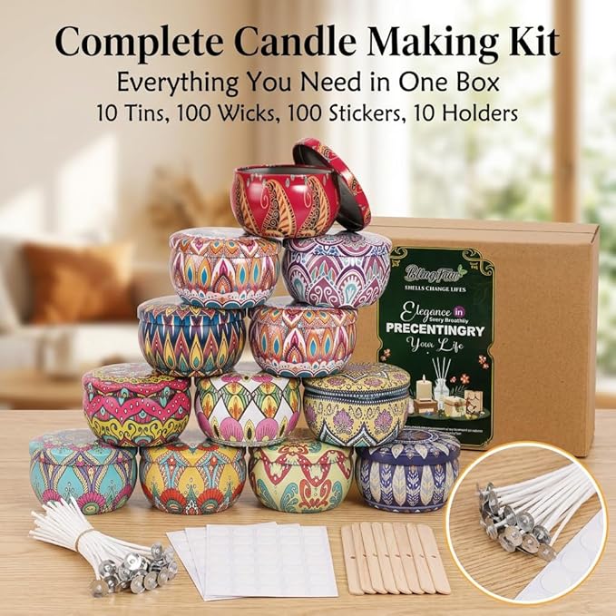 Blingfun 10 Packs 4 oz Candle Tins kit, Candle Making Tins, Candle Jars, 100pcs Candle Wicks, 100pcs Wick Stickers, Candle Containers for Making Candles (Flowers)