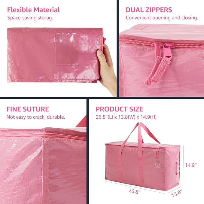 Moving Bags Heavy Duty Extra Large, Moving Boxes, Moving Supplies Essentials,Storage Bins with Lids, Plastic Packing Totes, Storage Bags for Clothes with Handles & Zippers(Pink, 10 Pack)