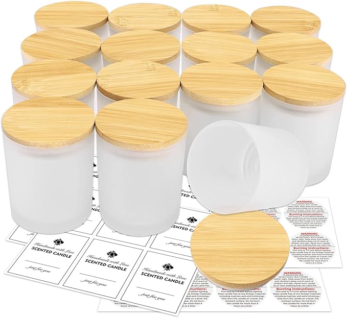 SUPMIND 15 Pack Empty Candle Jars, 7oz Frosted Glass Jars with Bamboo Lids Candle Containers in Bulk for Making Candles, Stickers and Labels Included