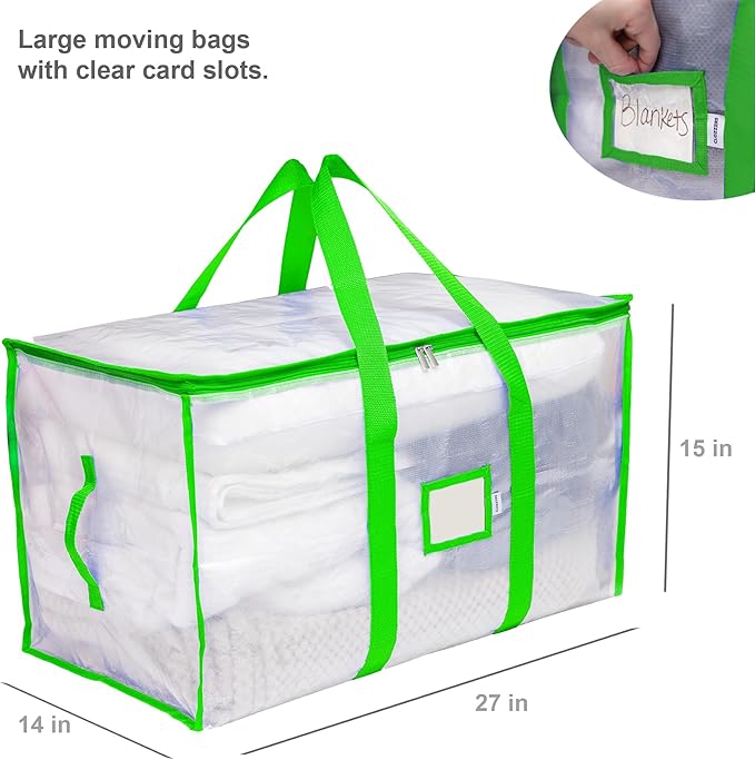 Storage and Moving Bags - Heavy Duty, Dust Protection and Water Resistant, Durable Zipper Closure and Sturdy Handles Best Moving Boxes Alternative (Green, 4 Pack)