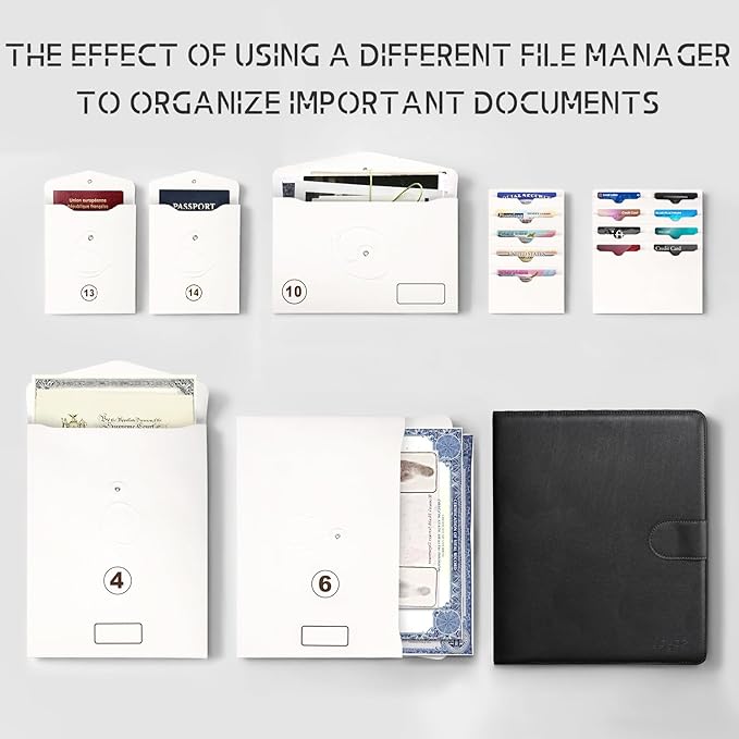 JOYCE Important Document Organizer, 14 Expandable Pockets, 13 Card Slots, Document Organizer for A4 Paper/Letterhead/Cards, with 2 Label Stickers, Suitable for Home, Office, School Use (Black)